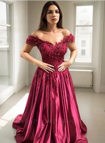 Off Shoulder Sweetheart Burgundy Ball Gown Prom Dresses With Appliques 2025