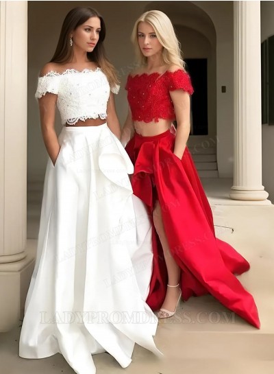 2025 A Line Satin White Off Shoulder Lace Side Slit Two Pieces Long Prom Dresses