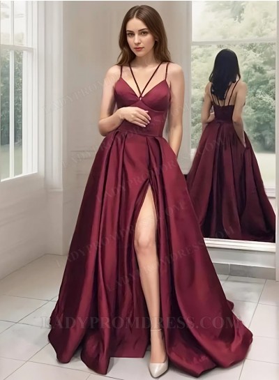 2025 A Line Satin Burgundy Side Slit Sweetheart Long Prom Dresses