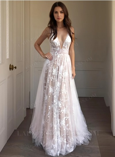 2025 Deep V-neck Tulle Lace Sleeveless Prom Dresses