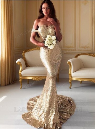 2025 Off Shoulder Sweetheart Mermaid Sweep Train Backless Prom Dresses