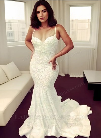 2025 Ivory White Spaghetti Strap Sleeveless Bodice Mermaid Prom Dresses