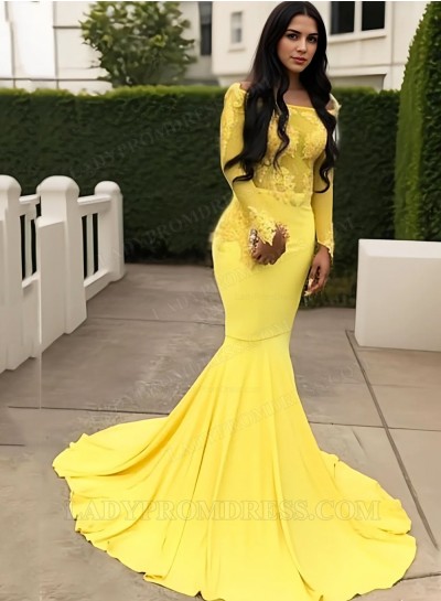 2025 Daffodil Long Sleeves Off-The-Shoulder Applique Mermaid Satin Prom Dresses