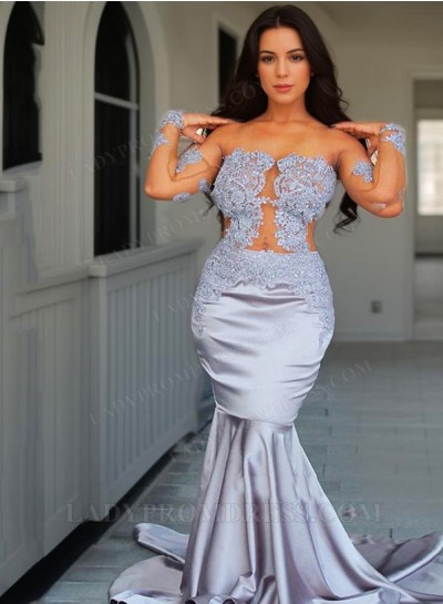 2025 Light Slate Gray Mermaid Long Sleeve See Through Plus Size Prom Dresses with Appliques