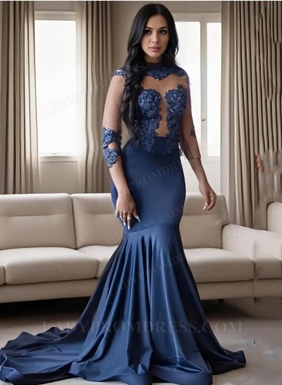 2025 Navy Blue High Neck Long Sleeves Beaded See Through Satin Mermaid Prom Dresses
