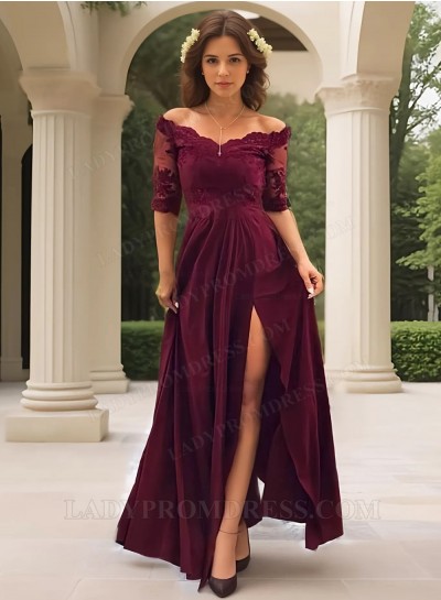 2025 A-line Off the Shoulder Half Sleeve Split Front Lace Prom Dresses