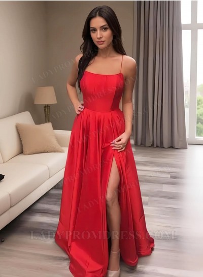 2025 A Line Red Side Slit Spaghetti Straps Prom Dresses