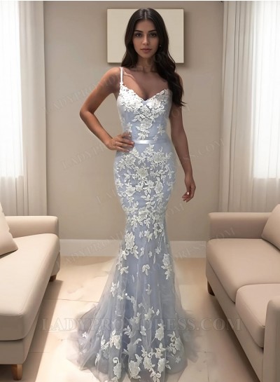 2025 Light Sky Blue Sweetheart With White Appliques Tulle Prom Dresses