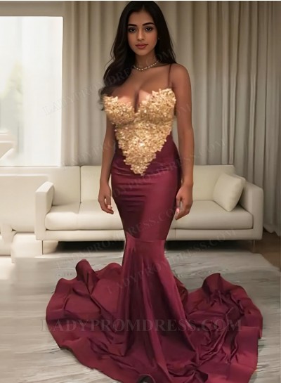 2025 Satin Sweetheart Mermaid Burgundy Strapless Prom Dresses with Appliques