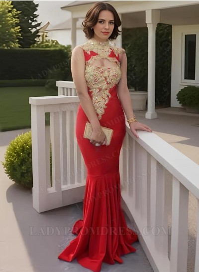 2025 Mermaid Red High Neck With Gold Appliques Backless Prom Dresses