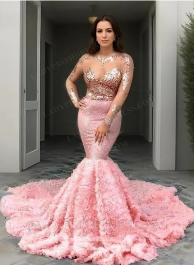 2025 Pink Long Sleeves Beaded Rose Floral Sequence Long Mermaid Prom Dresses