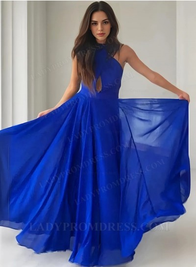 2025 A Line Royal Blue Chiffon Halter Backless Prom Dresses