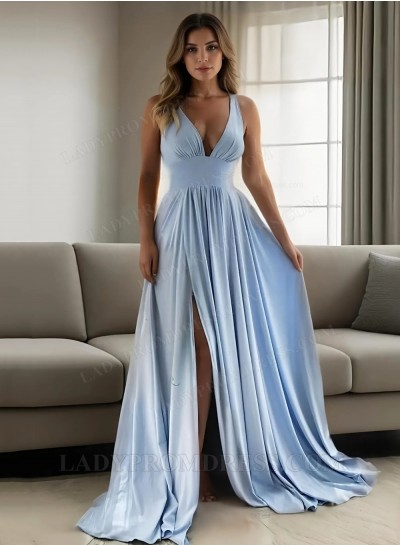 2025 A Line V Neck Side Slit Blue Pleated Empire Prom Dresses
