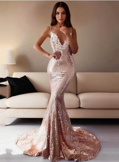 2025 V Neck Dusty Rose Sequence Lace Backless Mermaid Prom Dresses