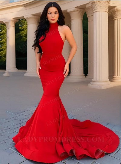 2025 Red Satin Mermaid High Neck Backless Prom Dresses