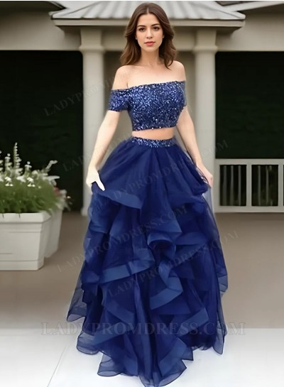 2025 Dark Navy A-Line Tulle Two Pieces Prom Dresses