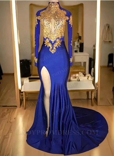 2025 African Royal Blue Side Slit Sheath Long Sleeves Prom Dresses With Appliques