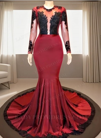 2025 Burgundy Mermaid Scoop Neck Long Prom Dresses with Appliques