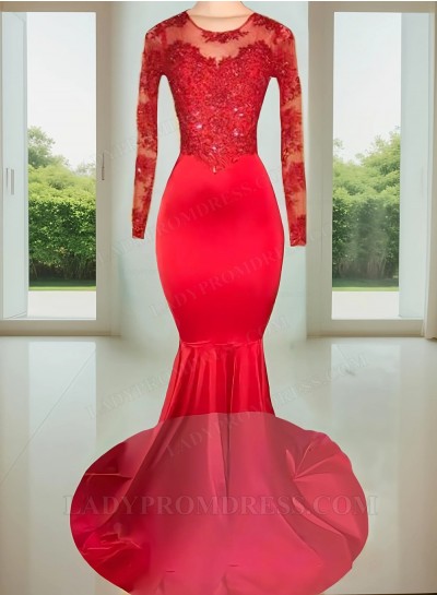 2025 Red Scoop Neck Mermaid Satin Prom Dresses