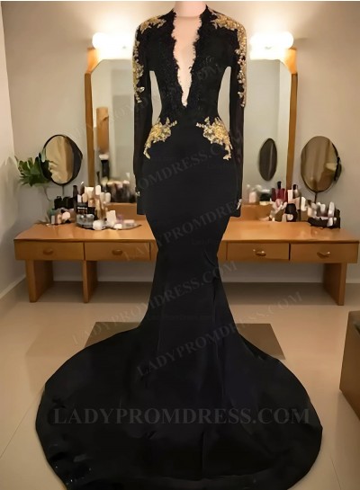 2025 Black Long Sleeves V-neck Mermaid Prom Dresses