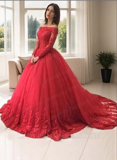 2025 Red Long Sleeves Off-the-Shoulder Lace Natural Ball Gown Tulle Prom Dresses