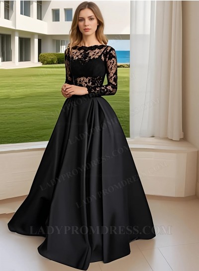 2025 Black A-Line Princess Satin Prom Dresses with Lace Appliques
