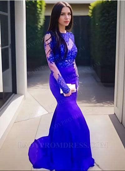 2025 Royal Blue Mermaid/Trumpet  Long Sleeves Backless Satin Prom Dresses