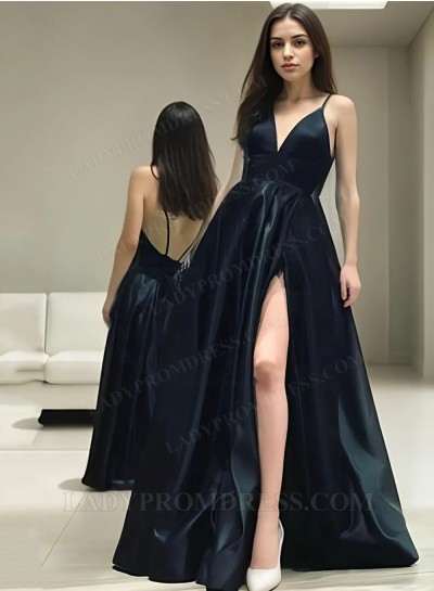 2025 Black Sweetheart Side Slit Satin Prom Dresses