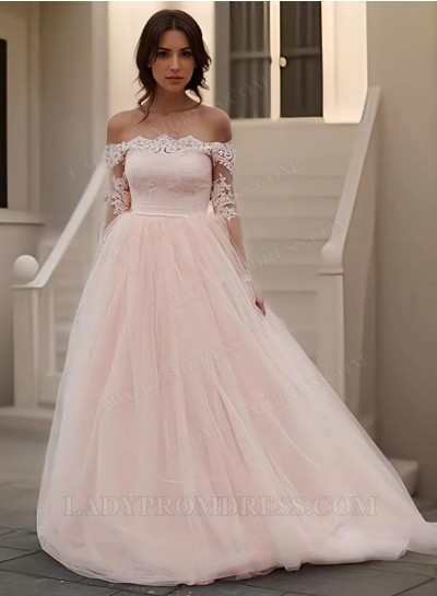 2025 Long Sleeves Off the Shoulder Ball Gown Tulle Pink Prom Dresses