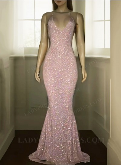 2025 Pink Halter Sequins Prom Dresses