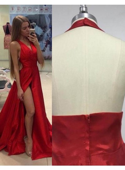 2024 Gorgeous Red Halter High-Slit A-Line/Princess Satin Prom Dresses