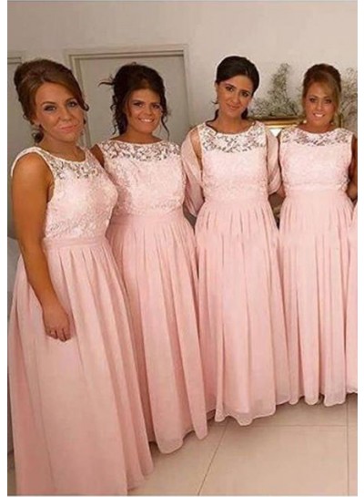 2024 A Line Pink Chiffon Bateau Lace Long Bridesmaid Dresses / Gowns