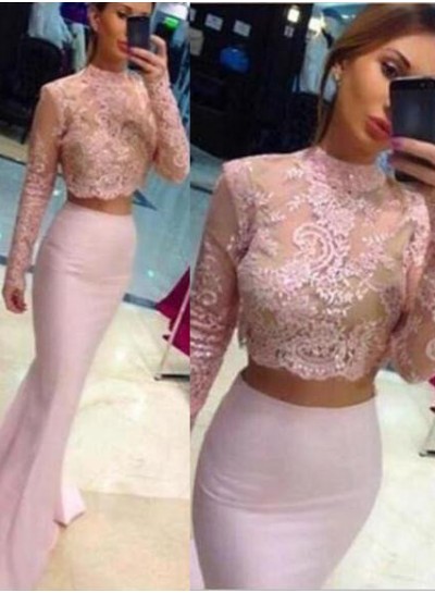 Beading Appliques Stretch Satin Two Pieces 2024 Glamorous Pink Long Sleeve Prom Dresses