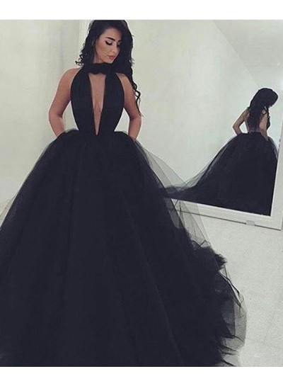 2024 Junoesque Black Gorgeous Deep V-Neck Ball Gown Tulle Prom Dresses