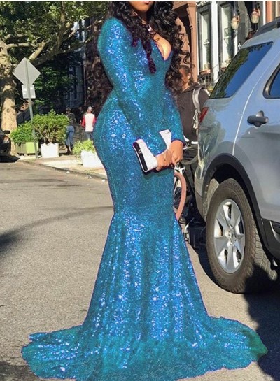 Blue Sequence Long Sleeves Long Mermaid Prom Dresses