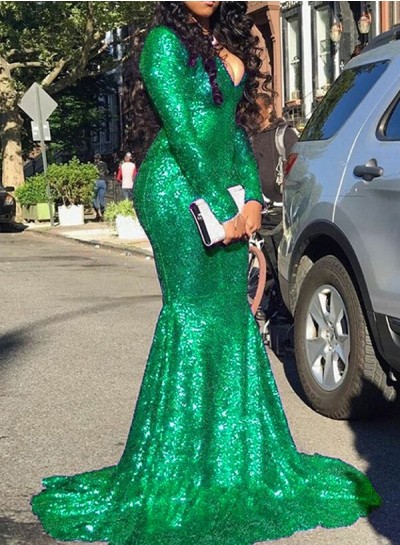Emerald Sequence Long Sleeves Long Mermaid Prom Dresses