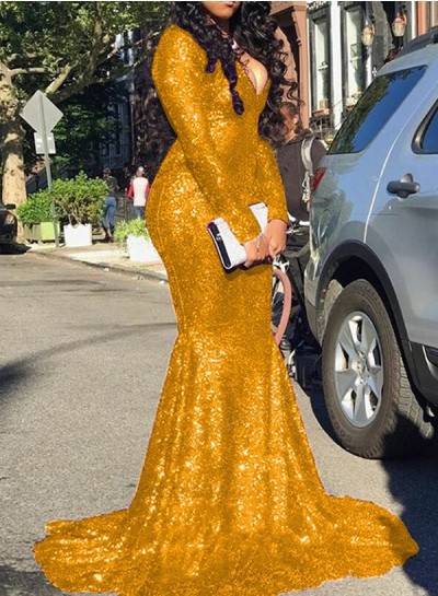 Gold Sequence Long Sleeves Long Mermaid Prom Dresses