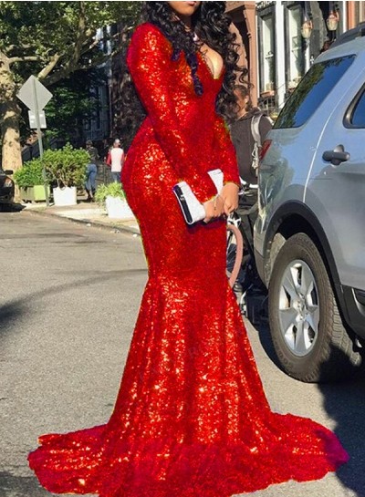 Red Sequence Long Sleeves Long Mermaid Prom Dresses