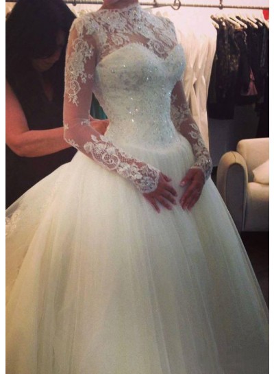 Ball Gown Sweep Train Beading Bateau Long Sleeves Tulle Wedding Bridal Gowns / Dresses