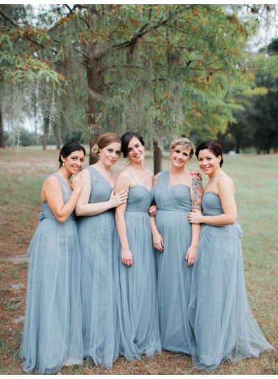 2024 A Line Tulle One Shoulder Blue Bridesmaid Dresses