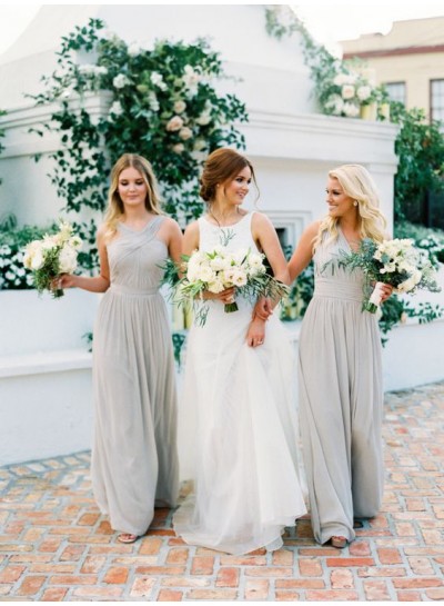 2024 A Line Silver Halter Chiffon Long Bridesmaid Dresses / Gowns