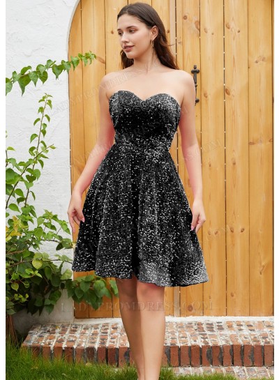 Black A-line Princess Sweetheart Sequin Sleeveless Knee-Length Homecoming Dresses