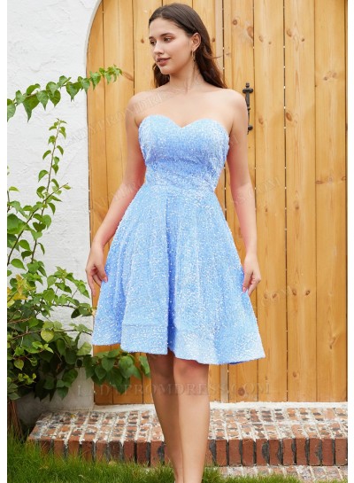 Blue A-line Princess Sweetheart Sequin Sleeveless Knee-Length Homecoming Dresses