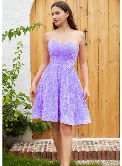 Lilac A-line Princess Sweetheart Sequin Sleeveless Knee-Length Homecoming Dresses