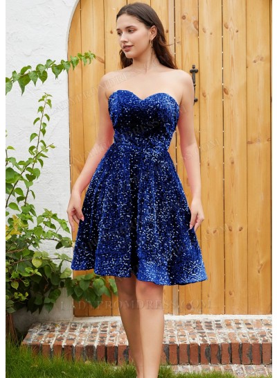 Royal Blue A-line Princess Sweetheart Sequin Sleeveless Knee-Length Homecoming Dresses