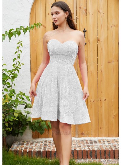 White A-line Princess Sweetheart Sequin Sleeveless Knee-Length Womens White Graduation Dress
