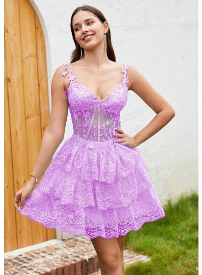 Lilac A-line Princess Applique Spaghetti Straps Lace Short Mini Sweet 16 Dress / Homecoming Dresses