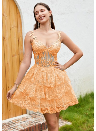 Orange A-line Princess Applique Spaghetti Straps Lace Short Mini Sweet 16 Dress / Homecoming Dresses
