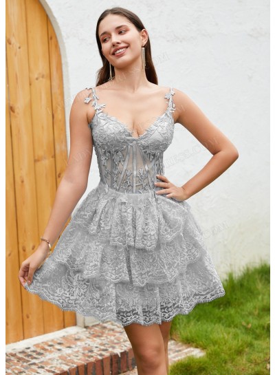 Silver A-line Princess Applique Spaghetti Straps Lace Short Mini Sweet 16 Dress / Homecoming Dresses