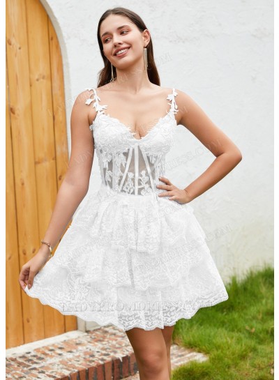 White A-line Princess Applique Spaghetti Straps Lace Short Mini Homecoming Dresses